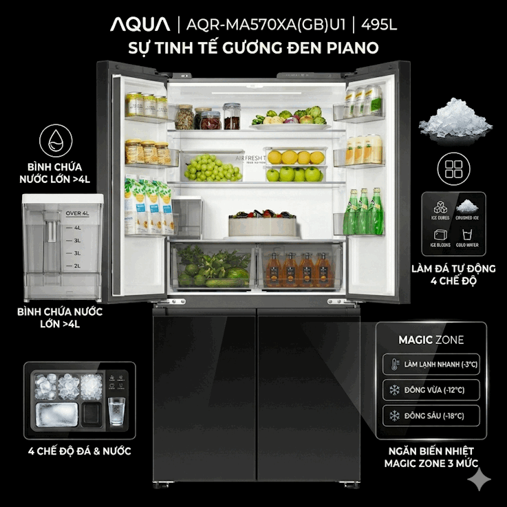Tủ lạnh Aqua 4 cánh 495L AQR-MA570XA(GB)U1